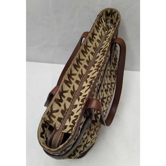 Michael Kors Brown Canvas Leather Trim MK Printed Double Handle Zipper Tote Bag - Picture 10 of 16